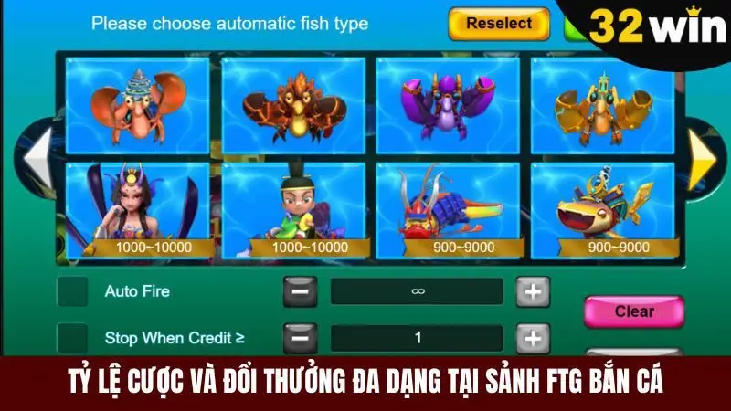 Tỷ lệ cược đa dạng tại sảnh FTG bắn cá